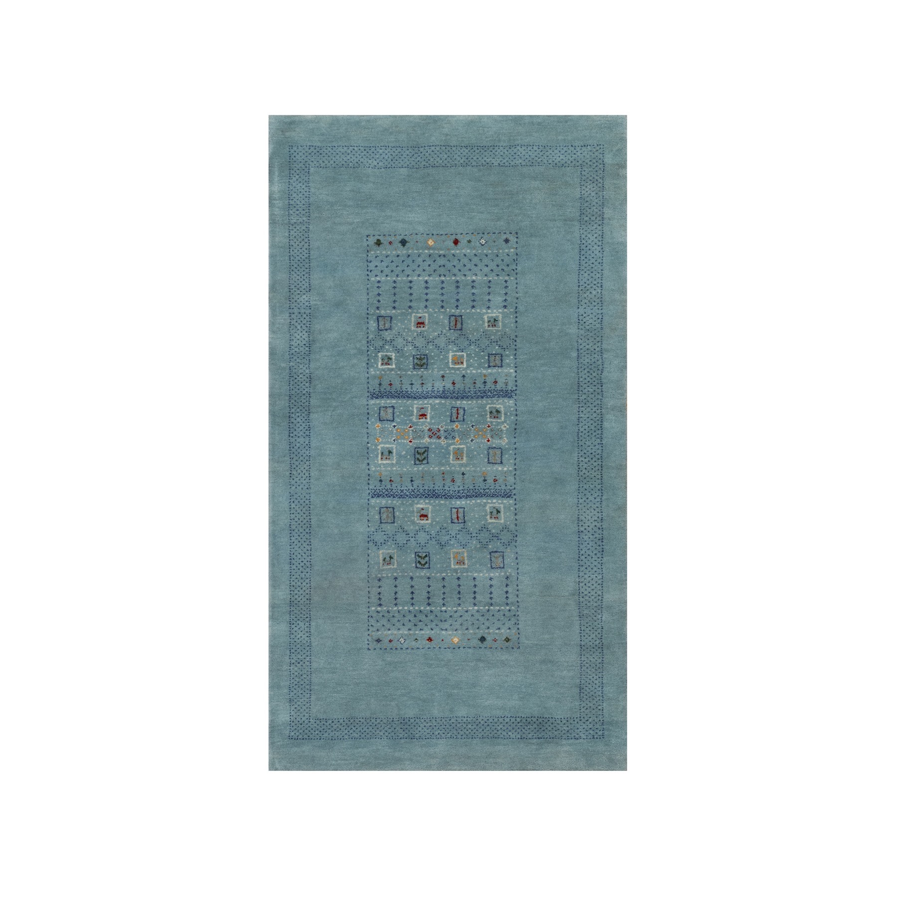Stone Blue, Lori Buft Gabbeh with Small Animal Figurines, Modern, Thick and Plush, 100% Wool, Hand Knotted, Oriental Rug